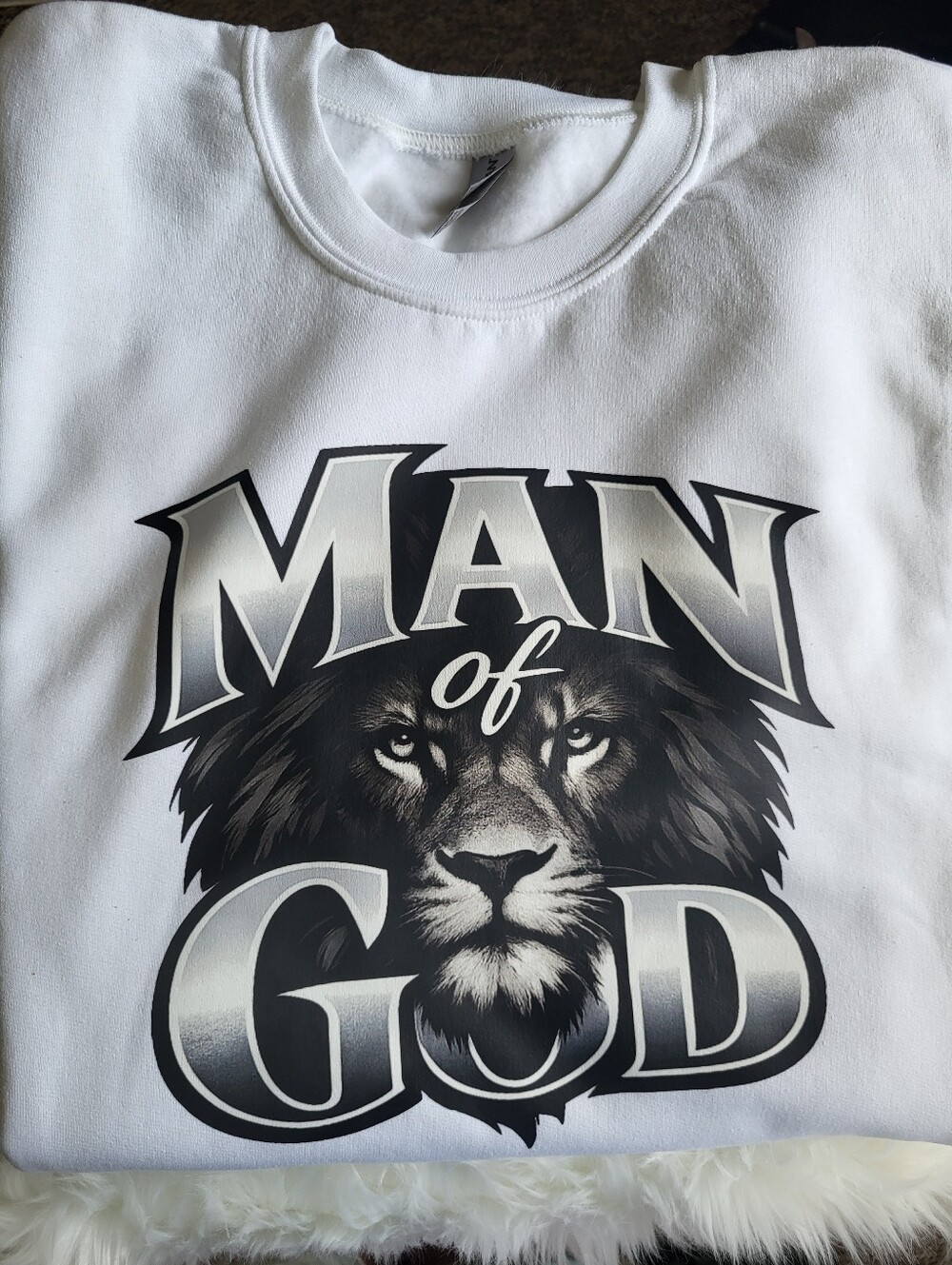 Gildan White Crewneck Sweatshirt with Black & Gray 'Man of God' Lion Graphic